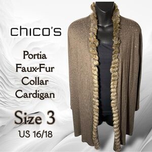 Chico's Portia Faux Fur Embellished Brown Cardigan Size 3 US 16/18